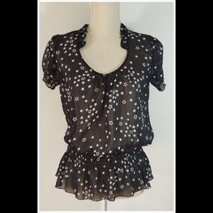 Candie's Semi-Sheer Ruffle Neck Star Black Top